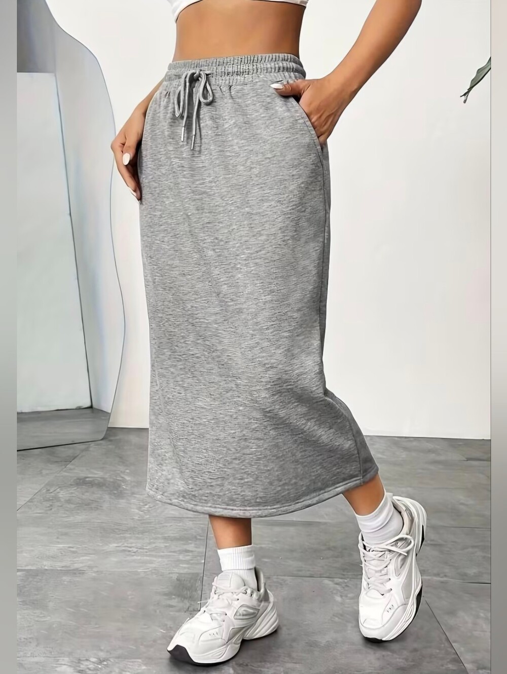 Women'S Solid Color Elastic Waist Casual Skirt, Casual Knee-Length Skirt